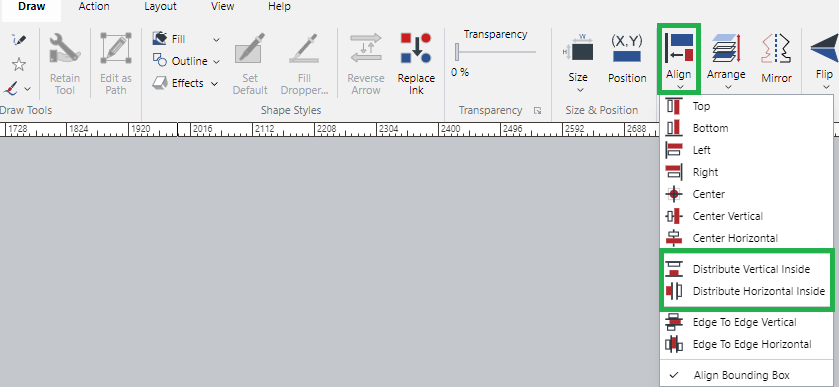 Distribute Vertical Inside and Distribute Horizontal Inside Commands from the Align Menu in the Align and Arrange Panel on the Draw Ribbon Tab for Multiple Selected Objects Distribute Vertical Inside and Distribute Horizontal Inside Commands from the Align Menu in the Align and Arrange Panel on the Draw Ribbon Tab for Multiple Selected Objects